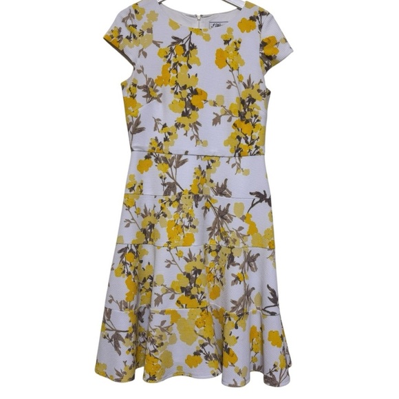 Jessica Howard Yellow White Tan Floral Dress Cap Sleeves Size 10 - Picture 1 of 9